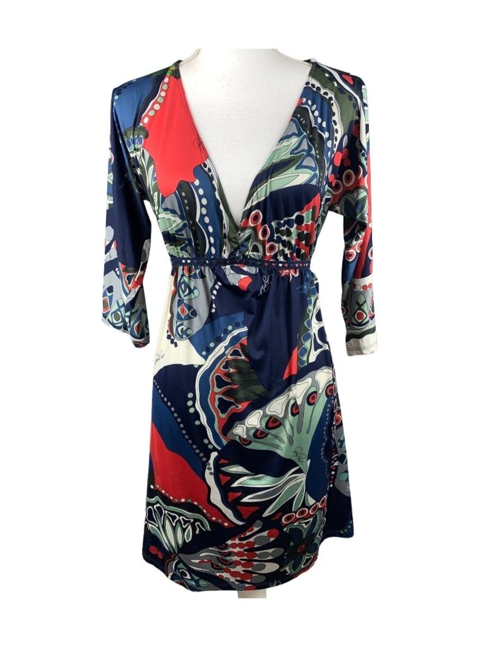 Y2K Baby Phat Multicolor Abstract Print Wrap V-Neck Dress With Elastic Waist 3/4